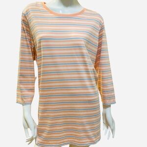 Lands' End Peach Blue Striped Top Crew Neck 3/4 Sleeve 3X